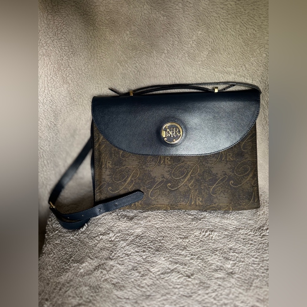 Vintage Nina Ricci Satchel Handbag Brown Monogram Navy Leather‎ Crossbody Bag